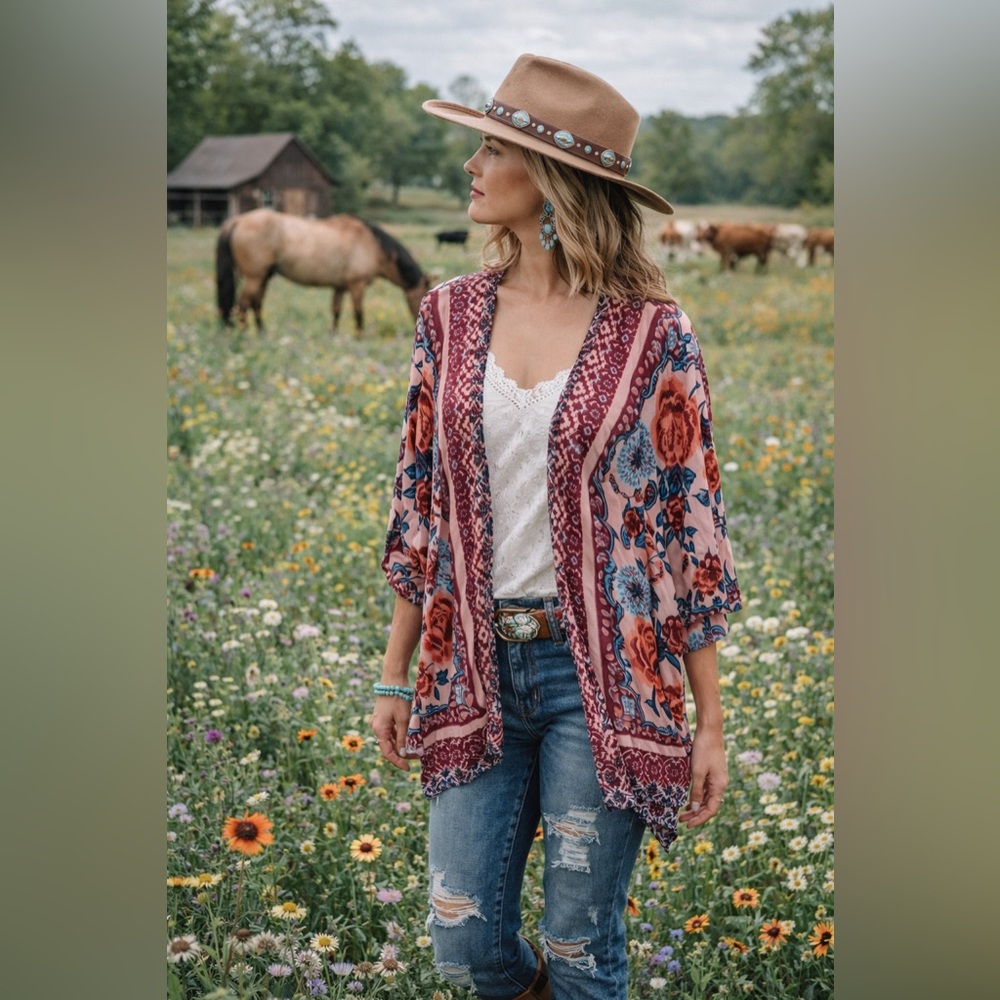 Angie Blush Pink Floral Boho Western Kimono Jacket Lightweight Size S